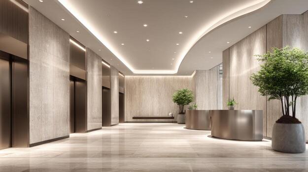 Modern Lobby Interior with Elevators, Reception Desks and Potted Plants, Clean and Elegant Design photo
