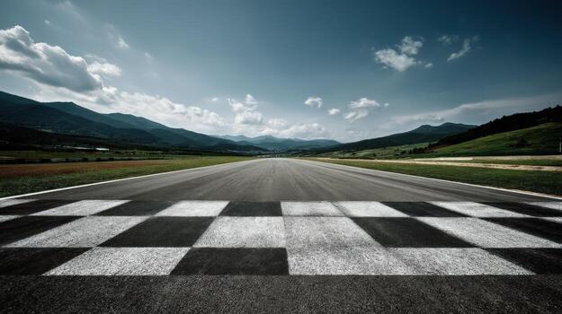 Racing Finish Line Perspective A Striking Image of Asphalt, Sky, and Mountains for Competition Concepts photo