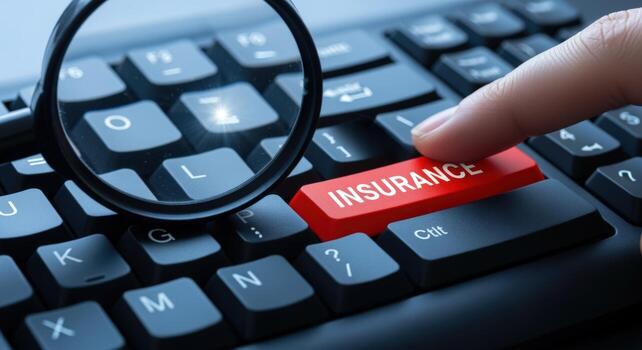 Insurance Concept Finger Pressing Button on Keyboard with Magnifying Glass for Online Policy photo