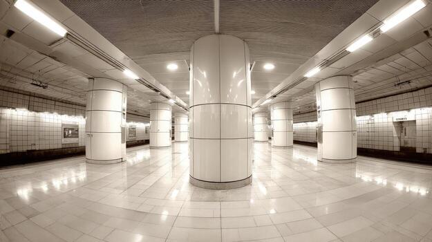 Subway Station Interior with White Columns and Tiled Walls in Sepia Tone Creates a Modern Design photo