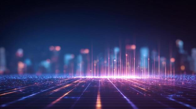 Abstract Digital Cityscape with Glowing Data Streams and Connection Grid - Futuristic Network Visualization photo