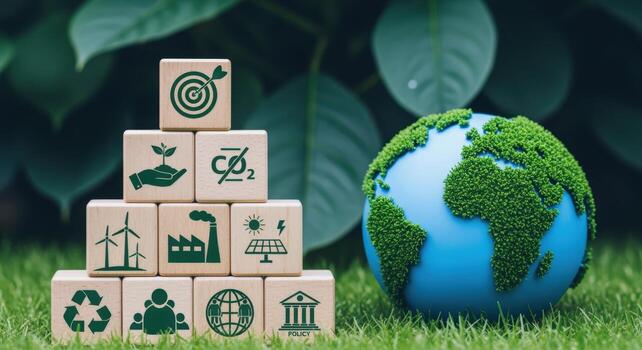 Sustainable Development Goals Represented by Wooden Blocks and Earth Globe on Green Background photo
