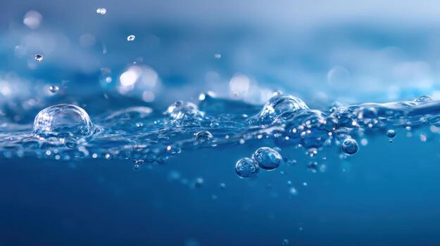 Close-up of Water Surface with Bubbles, Refreshing Texture and Vibrant Blue Color for Backgrounds photo