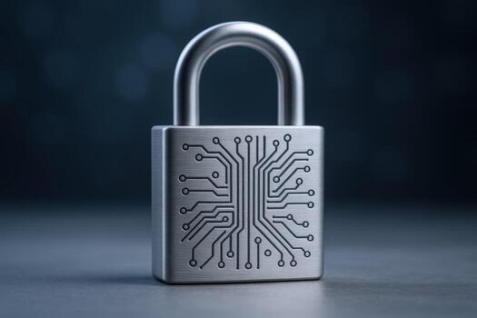 Cybersecurity Lock Depicting Digital Circuitry Represents Data Encryption and Protection Against Cyber Threats photo