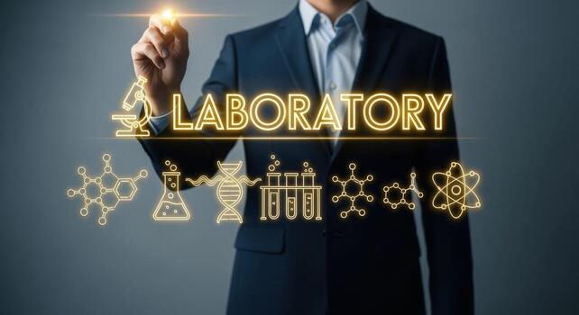 Innovative Scientist Displaying Laboratory Concepts on a Virtual Screen, Representing Medical Advancements and Research photo