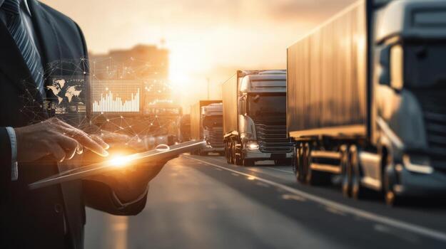 Logistics Management Businessman Using Digital Tablet for Supply Chain Optimization with Trucks in Background photo