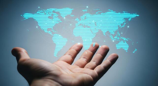 Global Connectivity Concept Open Hand Presenting a Digital World Map Representing Communication and Technology photo