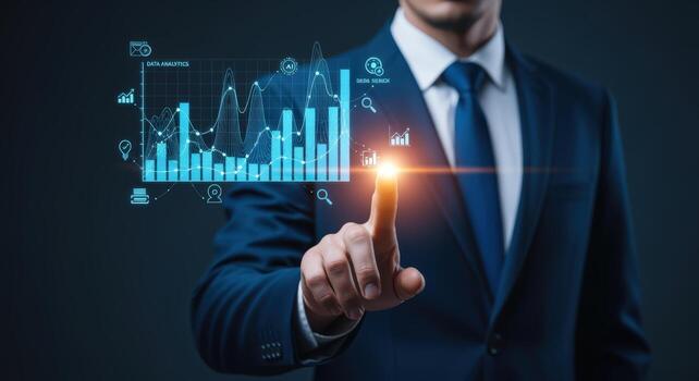 Businessman Analyzing Financial Data and Investment Growth on Virtual Screen for Business Strategy and Development photo