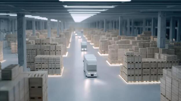 automatizado almacén operación presentando autoconducción vehículos y apilado parcelas Listo para Envío y distribución foto