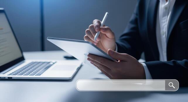 Businessman Analyzing Data on a Tablet with Search Bar Overlay for Business and Technology Concepts photo
