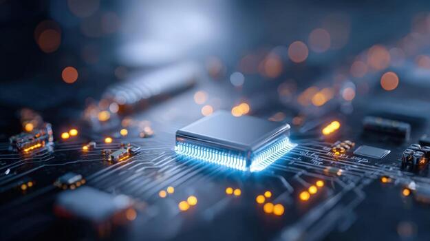 moderno pastilla en circuito junta, avanzado tecnología, electrónico componente, artificial inteligencia, cuántico informática foto