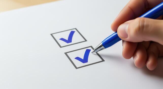 Hand Marking Checklist Boxes with Blue Pen on White Paper for Approval or Task Completion photo