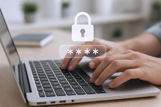 Hands Typing Password on Laptop with Padlock Overlay for Data Security Concept photo