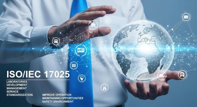 Global Standards Concept Man Holding Digital Globe Representing ISOIEC 17025 Certification and Global Business Networking photo