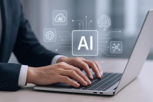 Artificial Intelligence Concept Person Typing on Laptop with AI Icons Displayed Over Screen photo