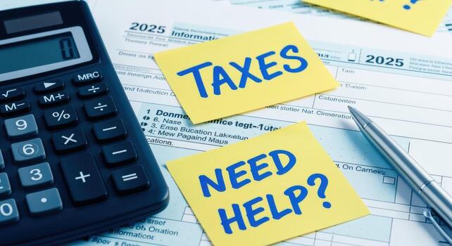 Tax Form Preparation with Calculator, Pen and Sticky Notes Showing Tax Concept Close Up photo