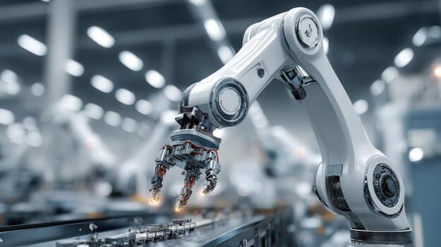 Robotic Arm Precision Assembly in Modern Factory Automation, Manufacturing and High Tech Industry Concept photo