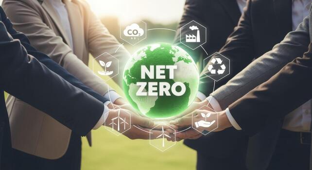 Group of Business People Holding Net Zero Icon Sustainable Business, Collaboration, and Environmental Responsibility photo