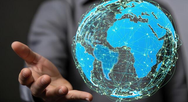 Global Technology Network in Hand Digital Sphere Visualization for Worldwide Business and Connectivity Concepts photo