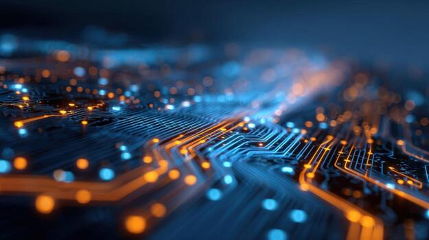 Abstract Futuristic Circuit Board Design with Blue and Orange Light Effects for Technology Concepts photo
