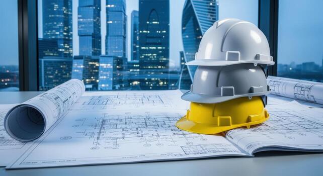 Construction Project Helmets Stacked on Blueprints with Cityscape Background, showcasing planning and architectural engineering photo
