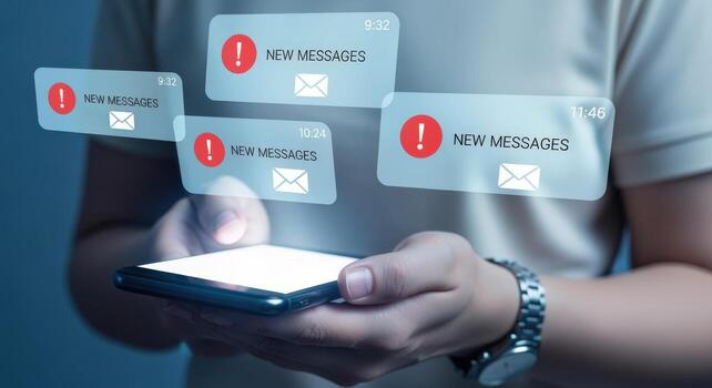 Person Holding Smartphone Displaying Multiple Notifications of New Messages, Signaling Communication Overload photo