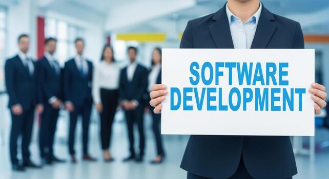 Software Development Team Presentation Confident Professional Displaying Business Strategy with Colleagues in Modern Office Setting photo