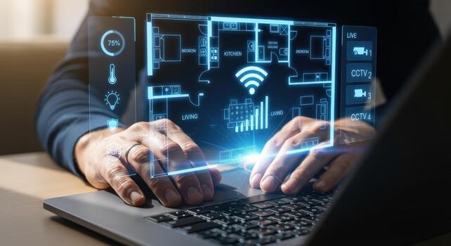 Smart Home Technology Person Interacting with a Digital Interface to Control Home Automation System photo