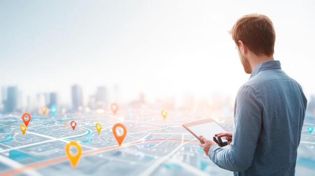 Man with Tablet Overlooking City Map with Location Pins, Representing Navigation and Urban Planning photo