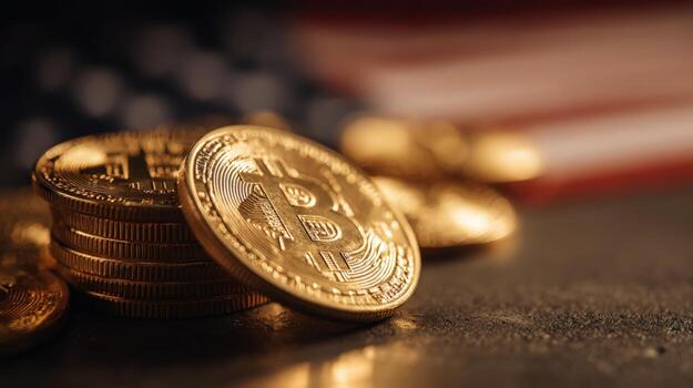 Cryptocurrency Bitcoin Coins Stack with United States of America Flag Background, Digital Currency and Blockchain Technology photo