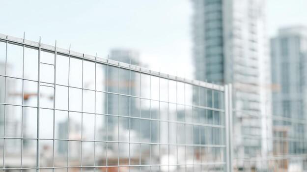 Construction Site Safety Fence with Modern Buildings Urban Development and Infrastructure Protection in Progress photo
