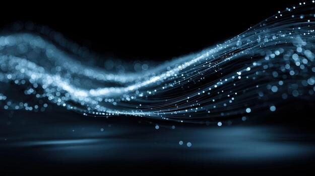 Abstract Dynamic Wave of Light Particles with Depth of Field Effect on Dark Background photo