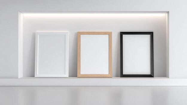 Three Blank Picture Frames Mockup in a Modern White Niche Display for Art or Photography photo
