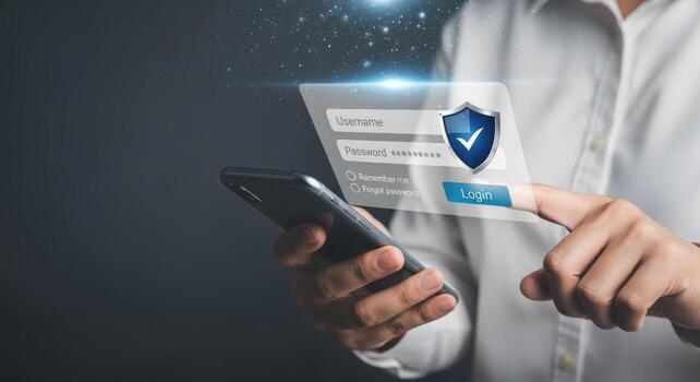 Secure Login on Mobile Device with Shield Icon and Fingerprint Authentication for Cybersecurity photo