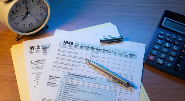 Tax Form Preparation with Calculator and Clock, Deadline Approach, Financial Planning and Reporting photo