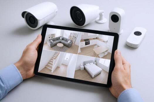 Surveillance System Displayed on Tablet with Security Cameras for Home Monitoring and Protection photo