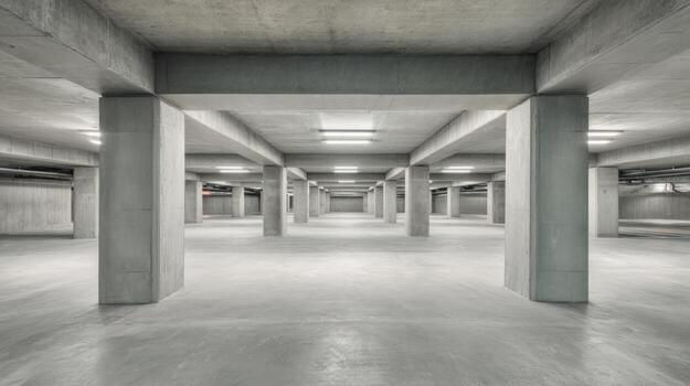 Modern Empty Concrete Parking Garage Interior with Rows of Columns and Overhead Lighting System photo