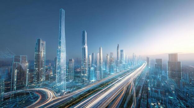 Futuristic Cityscape with Glowing Data Streams High-Tech Urban Development and Digital Connectivity Concept photo