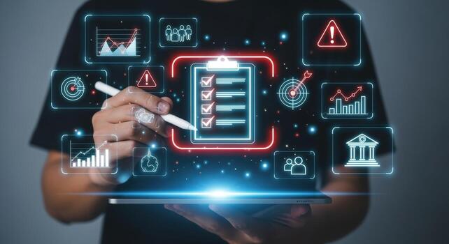 Digital checklist on tablet with data analytics, risk management, and performance optimization indicators for business success photo