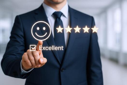 Customer Satisfaction Survey Businessman Selecting Excellent Rating with Smile and Five Stars, Digital Interface photo