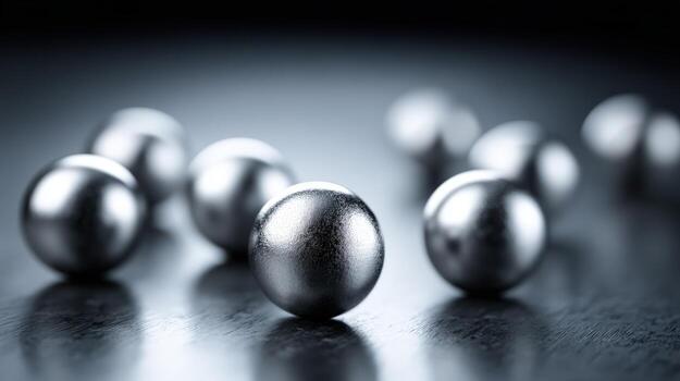 Scattered Chrome Spheres on Dark Surface Abstract Metallic Composition with Selective Focus and Reflections photo