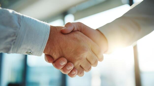 Professional Handshake Between Business Partners Signifying Agreement, Collaboration, and Trust in a Bright, Modern Office photo