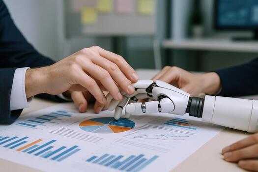 Human and Robot Hands Analyzing Data on Financial Reports, Collaborative Future of Business photo
