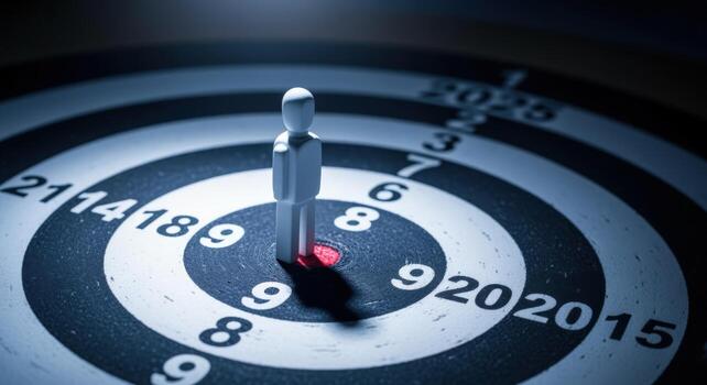 Target Audience Conceptual Image Miniature Human Figure Standing on Bullseye Center, Symbolizing Focus and Precision photo
