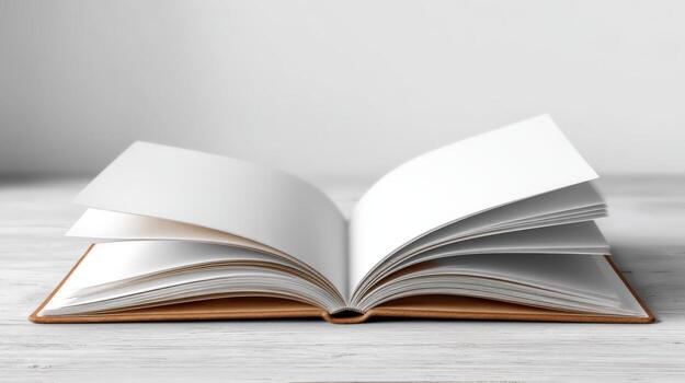 Open Book with Blank Pages on Wooden Surface, Ideal for Mockups and Educational Content photo