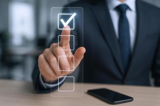 Businessman Completing Checklist on Digital Interface, Representing Task Management and Efficiency in Corporate Setting photo