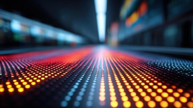 Abstract Data Stream Visualization with Orange and Blue Light Emitting Diodes in Dark Ambience photo