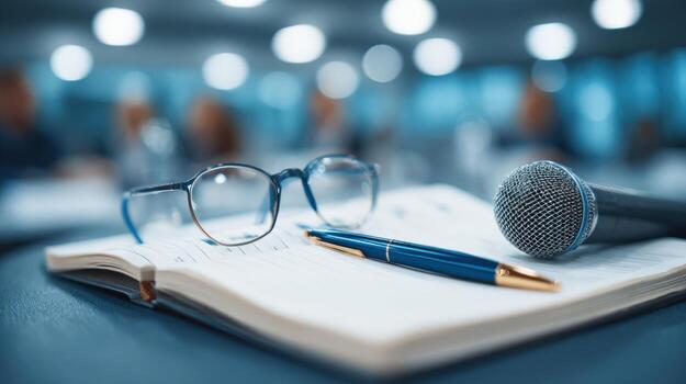 Conference Preparation Close-up of Meeting Notes, Pen, Glasses, and Microphone on Table for Presentation photo