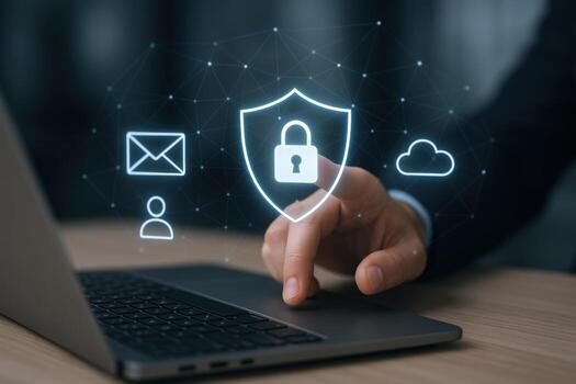 Data Protection Concept Shield, Padlock, and Cybersecurity Icons with Person Touching Laptop Screen for Safety photo