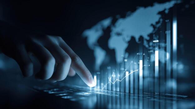 Financial Growth Chart Visualized Hand Interacting with 3D Graph Over World Map Background photo